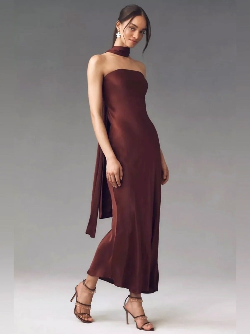 BHLDN Leah Satin Strapless Maxi Dress (no scarf) in Cocoa Plum - NWT!  - M